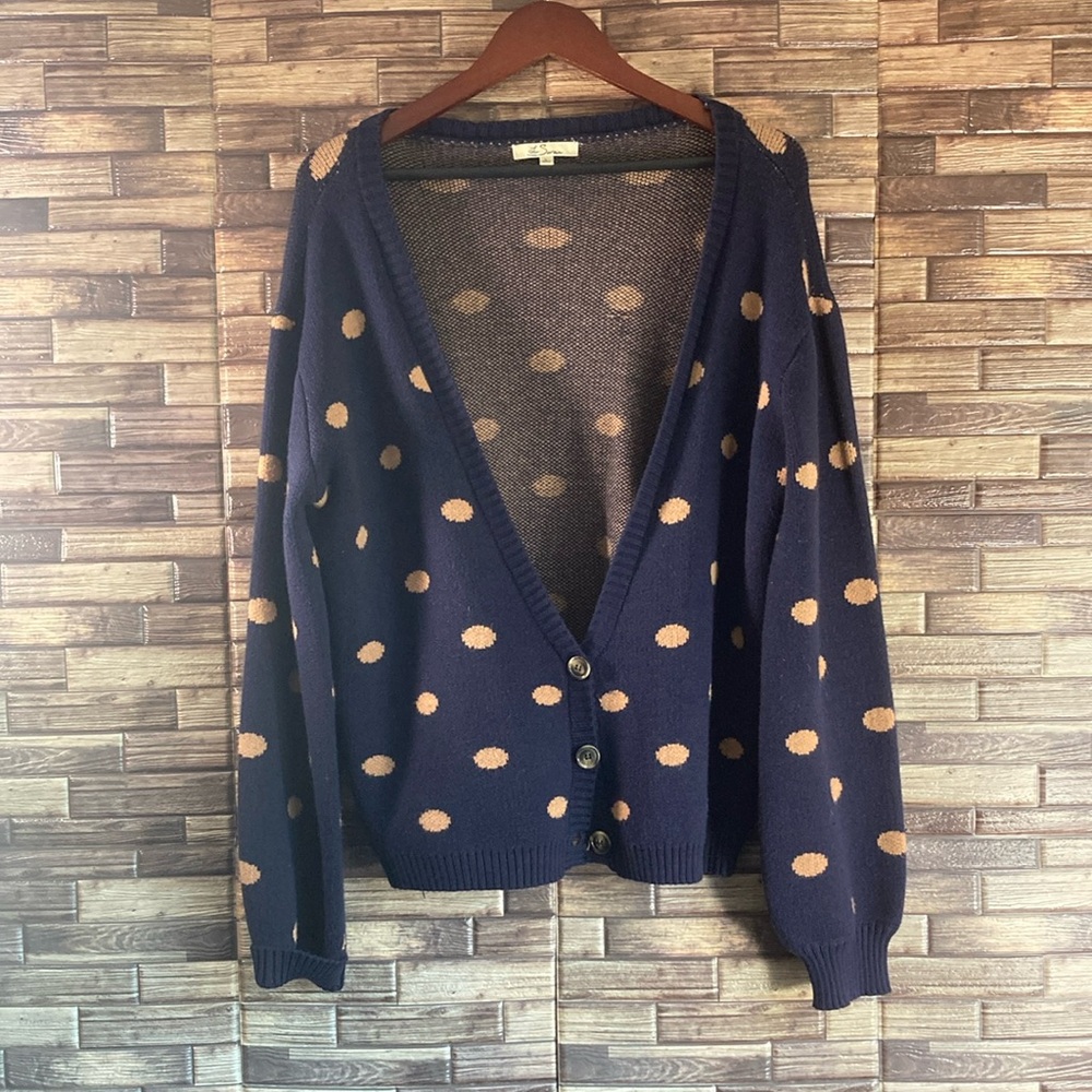 Les Serein Women Navy polka dot Cardigan sweater size Large EUC - Picture 1 of 9